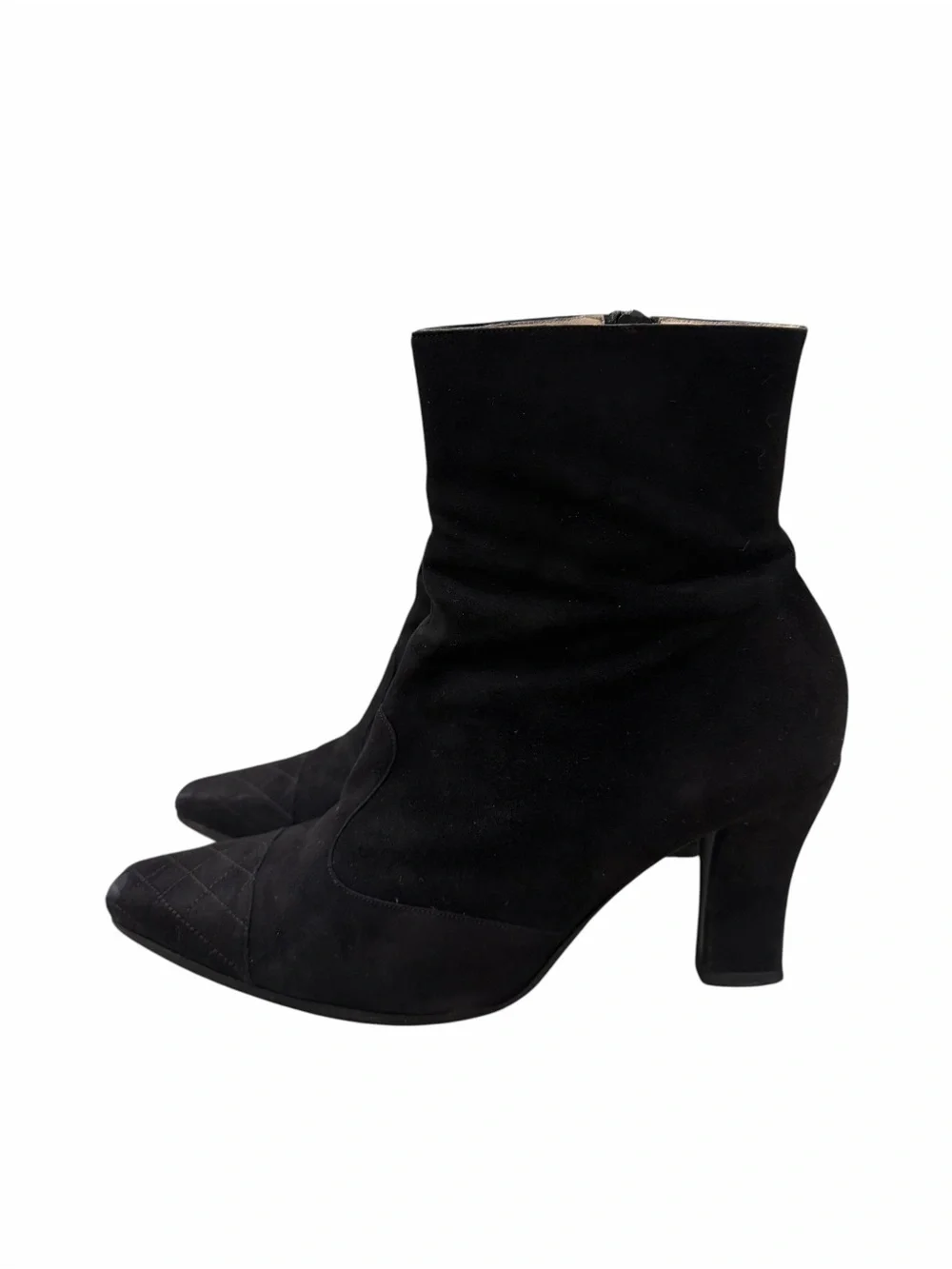 Authentic CHANEL Black Suede Quilted Cap Toe Ankle Boots Booties EU 38